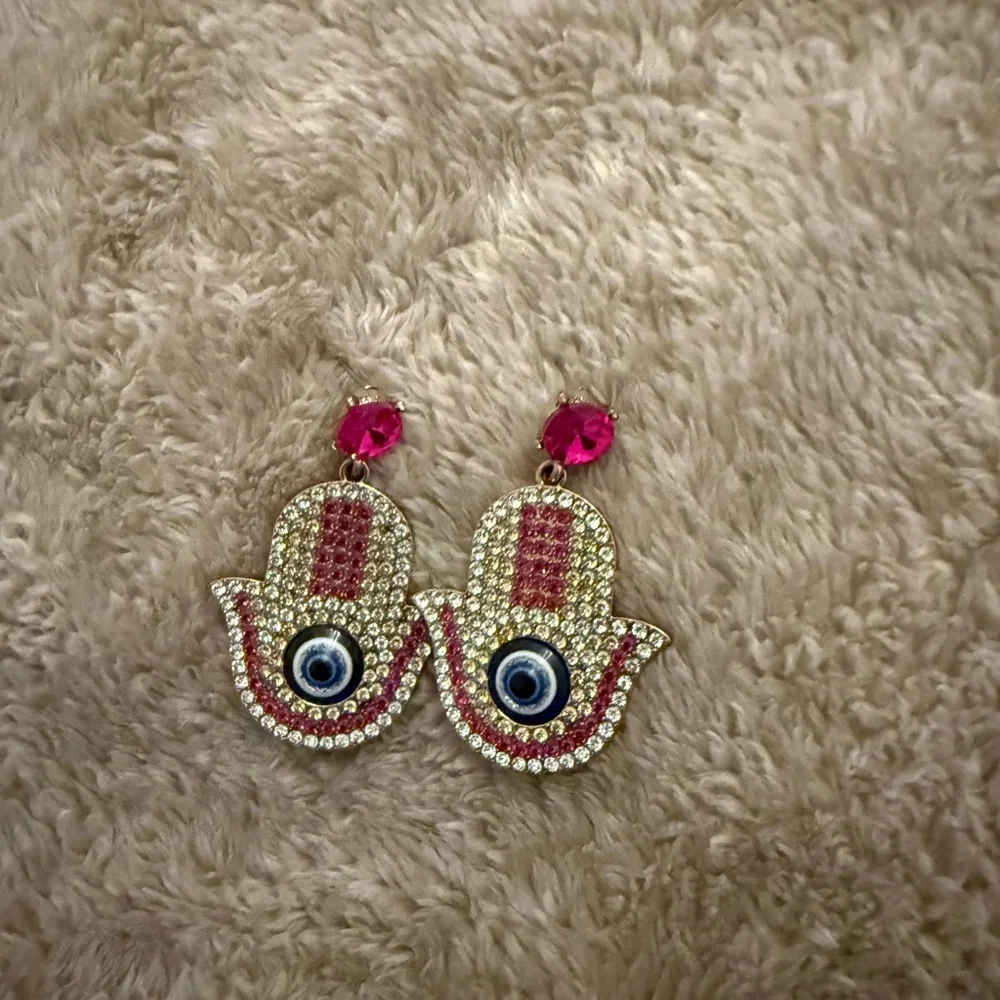 Gold and Pink Hamsa Evil Eye Drop Earrings
